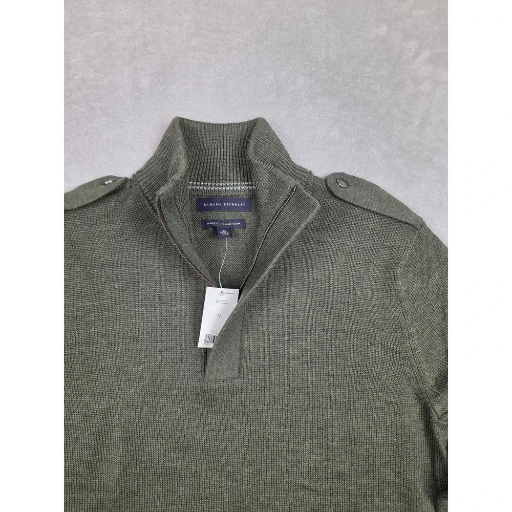 Banana Republic Sweater Men M Green Quarter Zip Epaulets Wool Blend Italian Yarn